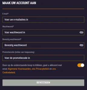 SpinKings24 Casino registratieformulier voor account aanmaken met e-mail en promotiecode