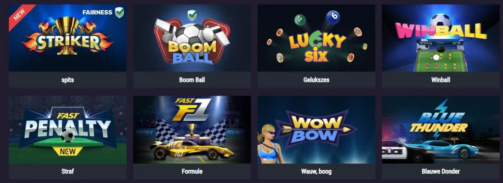 SpinKings24 Casino spellenlobby met sportgames zoals Striker, Boom Ball en Winball