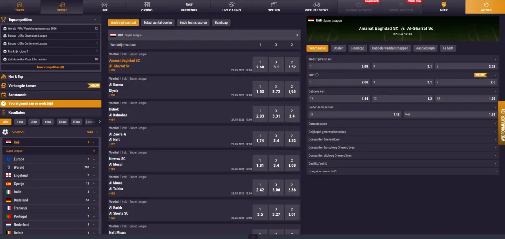 SpinKings24 Casino sportweddenschappen scherm met voetbalmarkten en odds